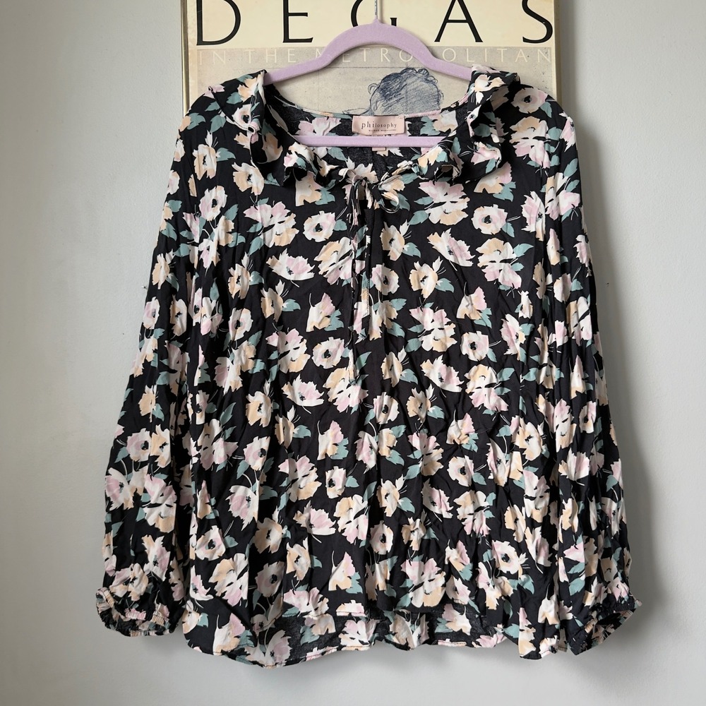 Philosophy Dark Floral Ruffle Peter Pan Collar Tie Neck Blouse Long Sleeve‎ L/XL
